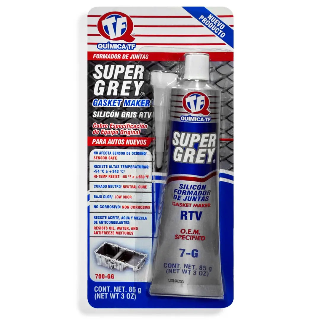 Silicón automotriz RTV alta resistencia y temperatura SUPER GREY 85g . QUIMICA TF